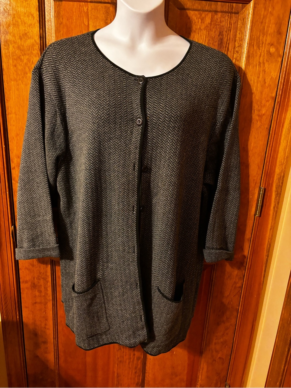 Liz Claiborne Black and Gray Herringbone Button Cardigan